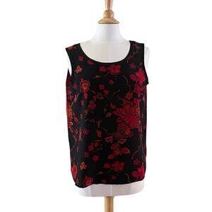 Vintage Koos of Course! Red & Black Floral Silk Tank Top/ Sleeveless Blouse, L